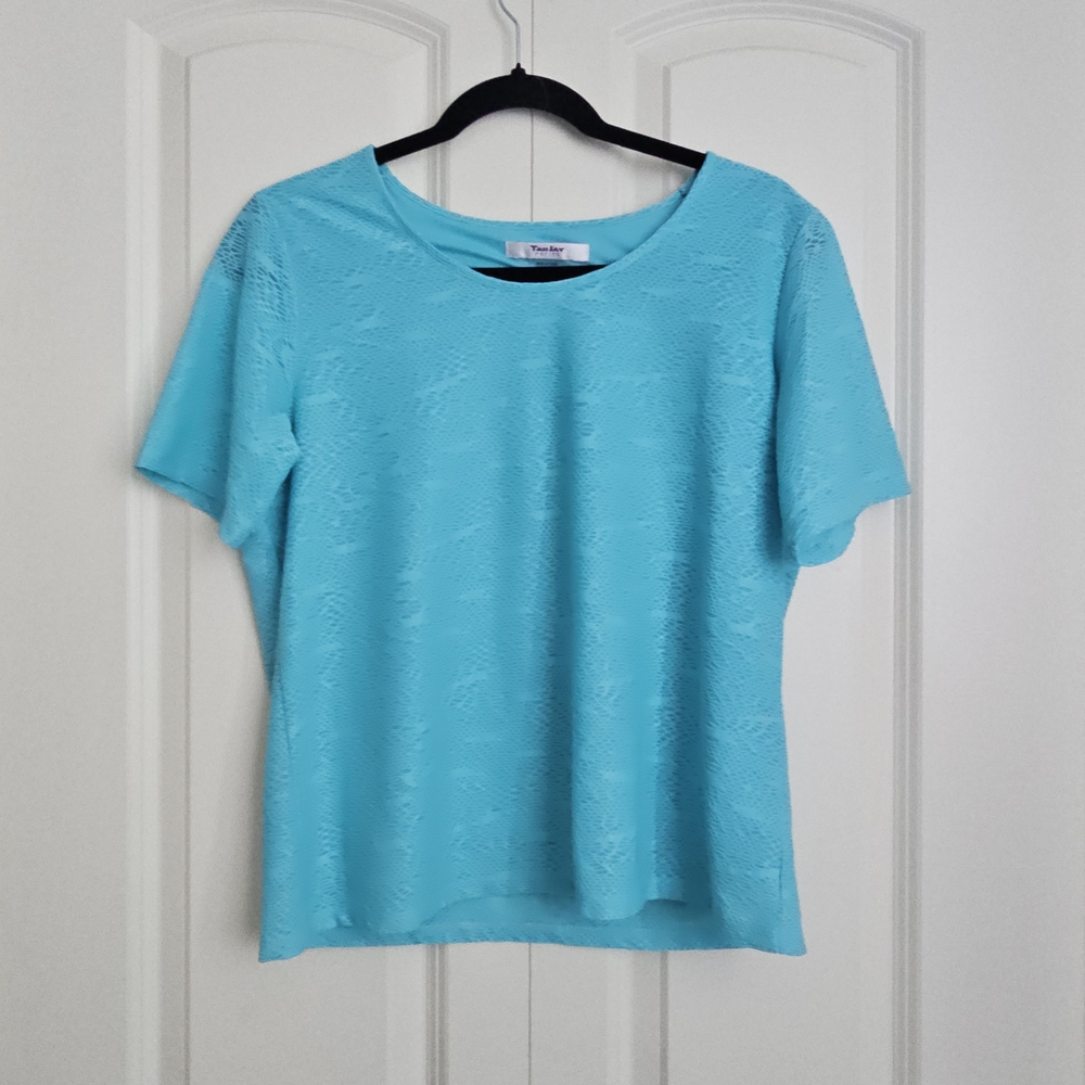 TanJay Turquoise Short Sleeve Mesh Lace Lined SZ Petite S